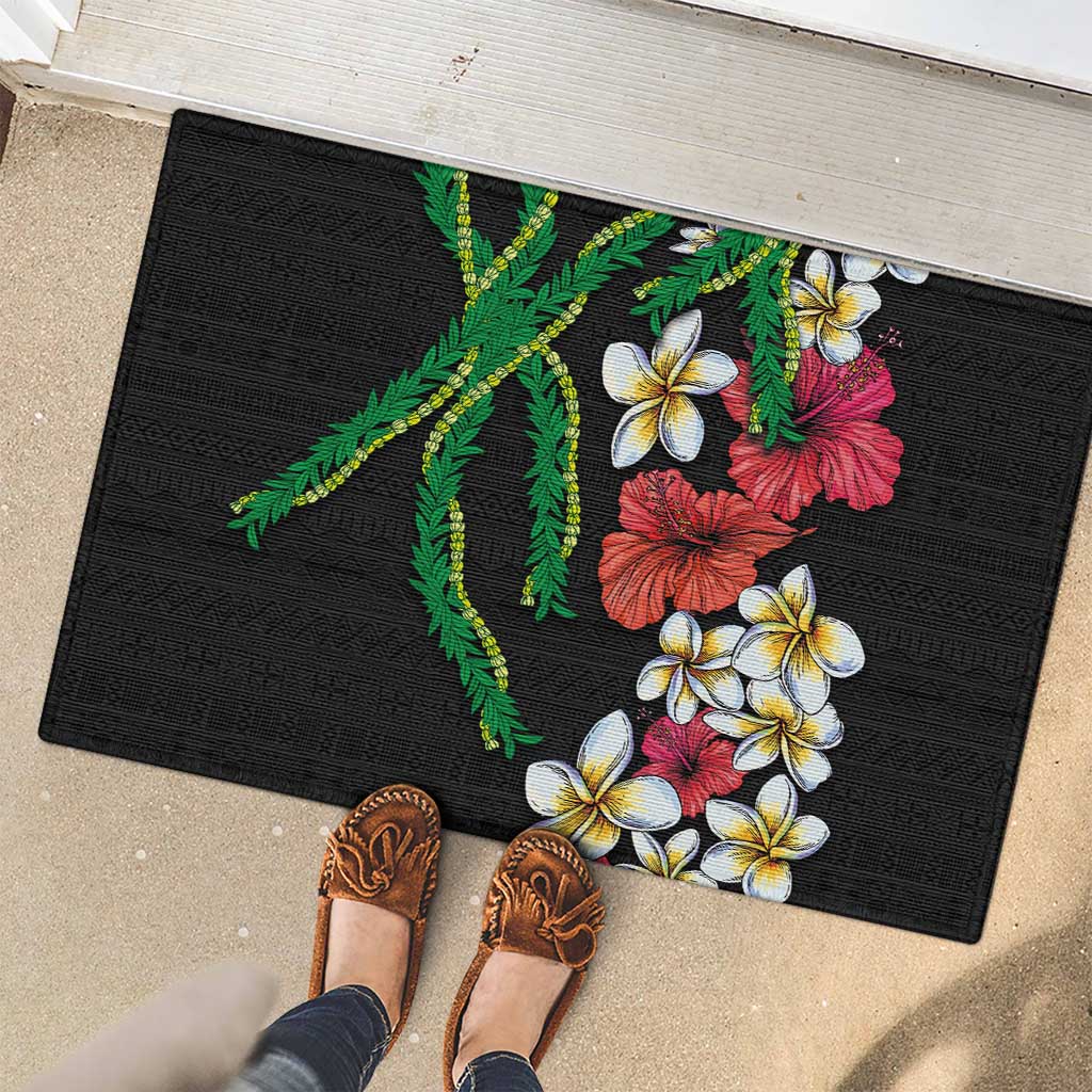 Hawaiian Tropical Flowers and Maile Pikake Rubber Doormat Polynesian Tribal Pattern Black Color LT03 - Polynesian Pride