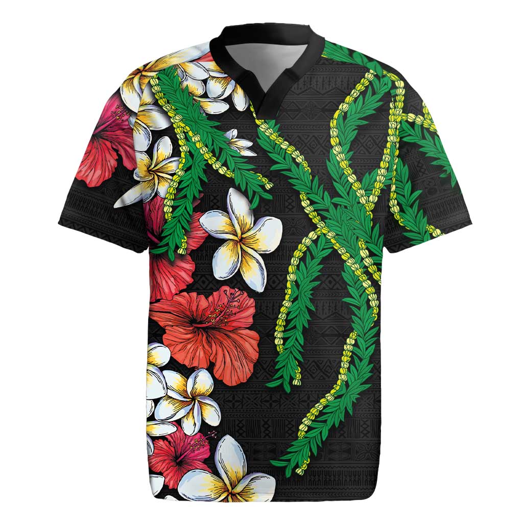 Hawaiian Tropical Flowers and Maile Pikake Rugby Jersey Polynesian Tribal Pattern Black Color LT03 Black - Polynesian Pride