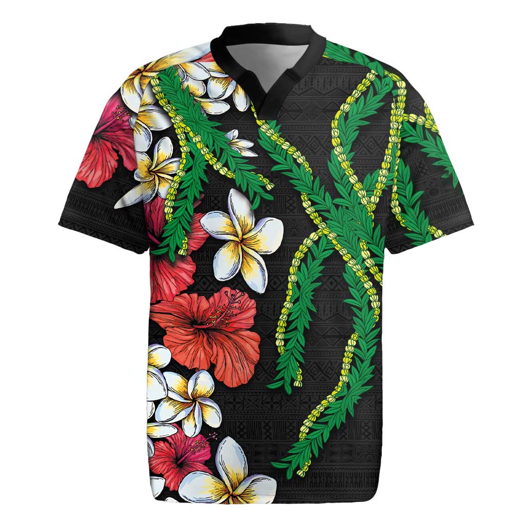 Hawaiian Tropical Flowers and Maile Pikake Rugby Jersey Polynesian Tribal Pattern Black Color