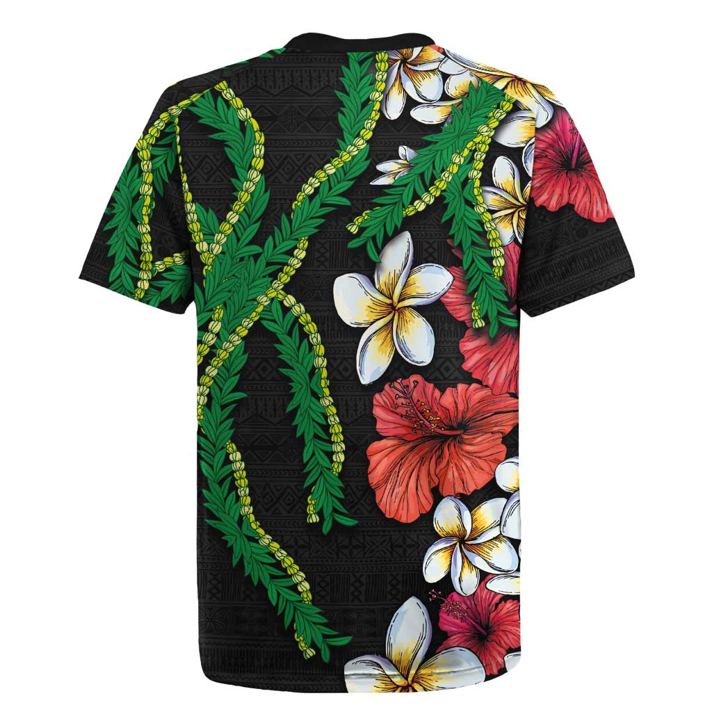 Hawaiian Tropical Flowers and Maile Pikake Rugby Jersey Polynesian Tribal Pattern Black Color LT03 - Polynesian Pride
