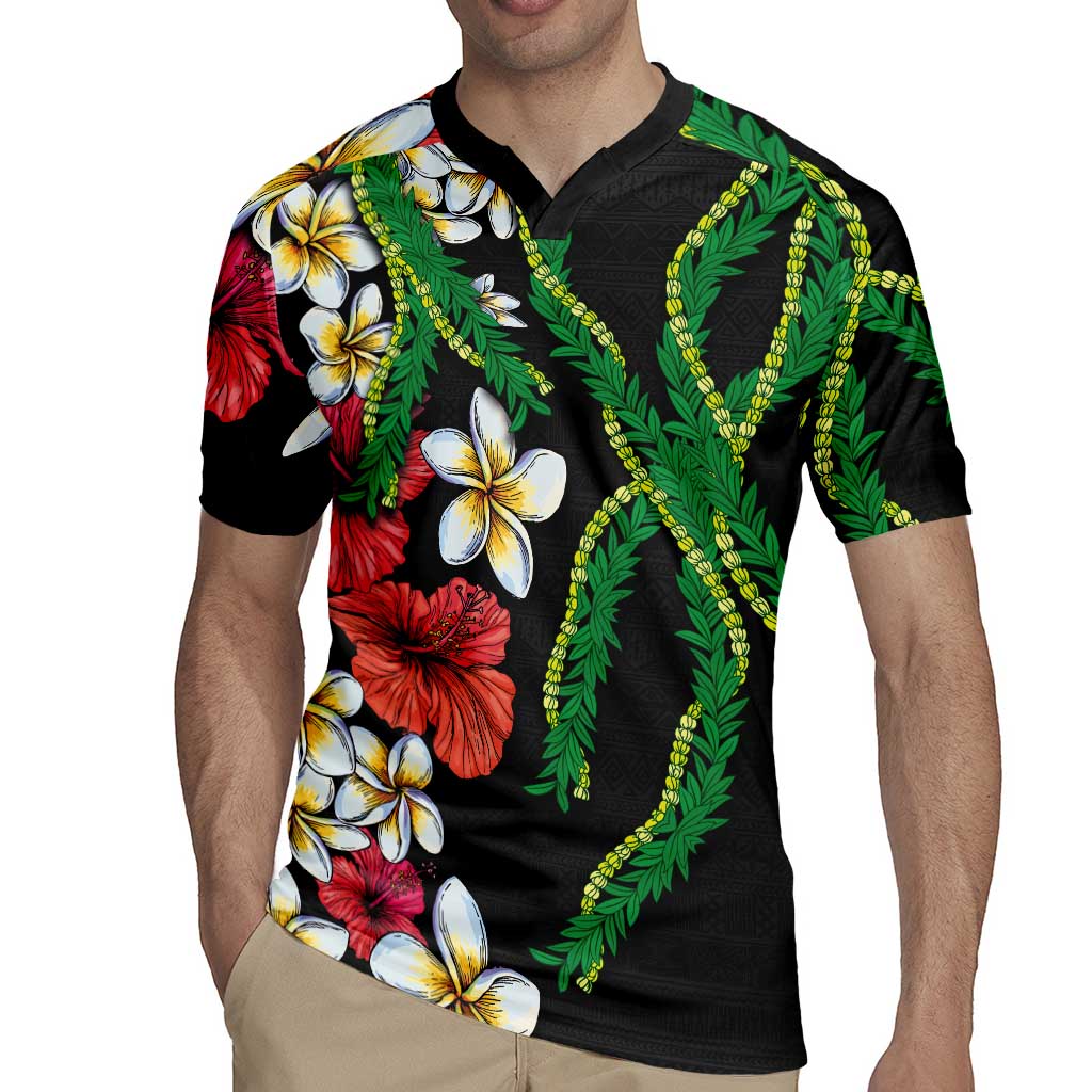 Hawaiian Tropical Flowers and Maile Pikake Rugby Jersey Polynesian Tribal Pattern Black Color LT03 - Polynesian Pride