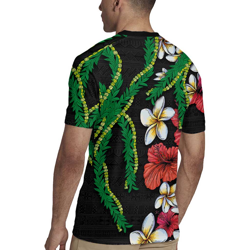 Hawaiian Tropical Flowers and Maile Pikake Rugby Jersey Polynesian Tribal Pattern Black Color LT03 - Polynesian Pride