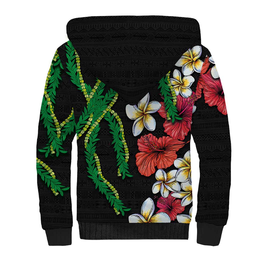 Hawaiian Tropical Flowers and Maile Pikake Sherpa Hoodie Polynesian Tribal Pattern Black Color LT03 - Polynesian Pride