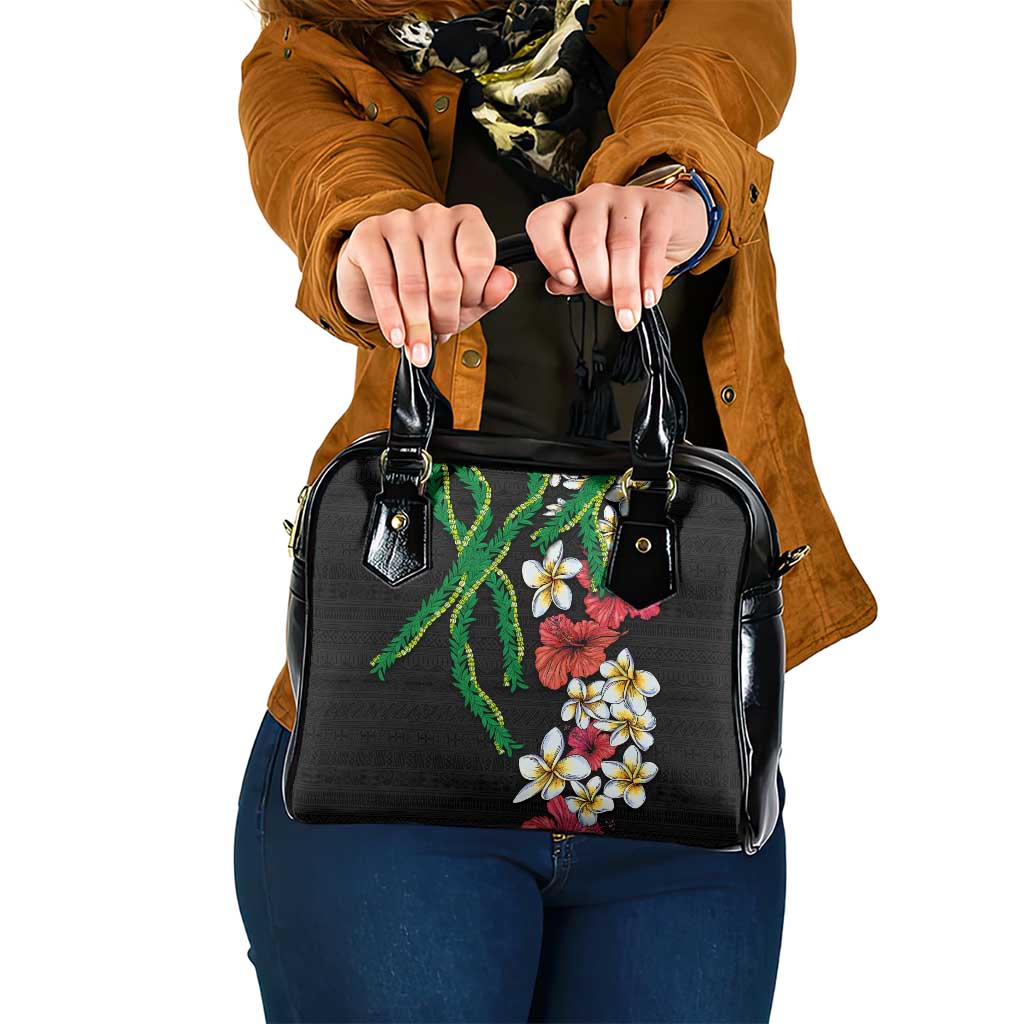 Hawaiian Tropical Flowers and Maile Pikake Shoulder Handbag Polynesian Tribal Pattern Black Color