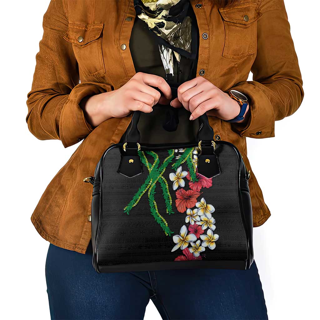 Hawaiian Tropical Flowers and Maile Pikake Shoulder Handbag Polynesian Tribal Pattern Black Color