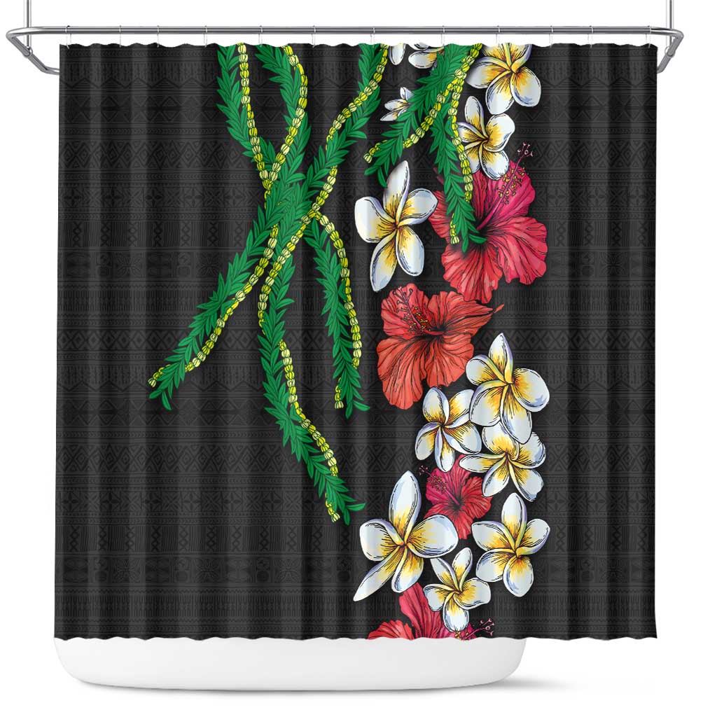 Hawaiian Tropical Flowers and Maile Pikake Shower Curtain Polynesian Tribal Pattern Black Color