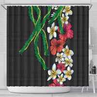 Hawaiian Tropical Flowers and Maile Pikake Shower Curtain Polynesian Tribal Pattern Black Color