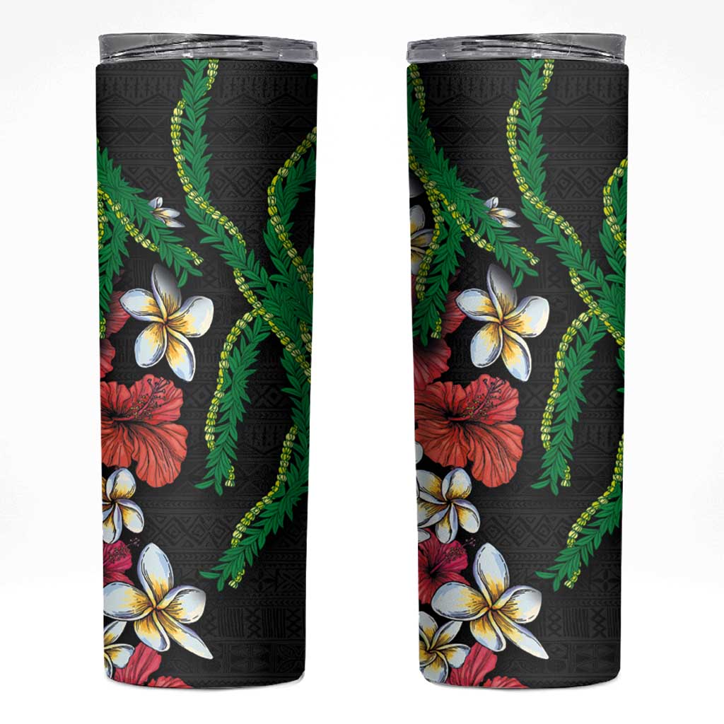 Hawaiian Tropical Flowers and Maile Pikake Skinny Tumbler Polynesian Tribal Pattern Black Color