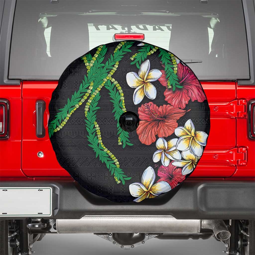 Hawaiian Tropical Flowers and Maile Pikake Spare Tire Cover Polynesian Tribal Pattern Black Color