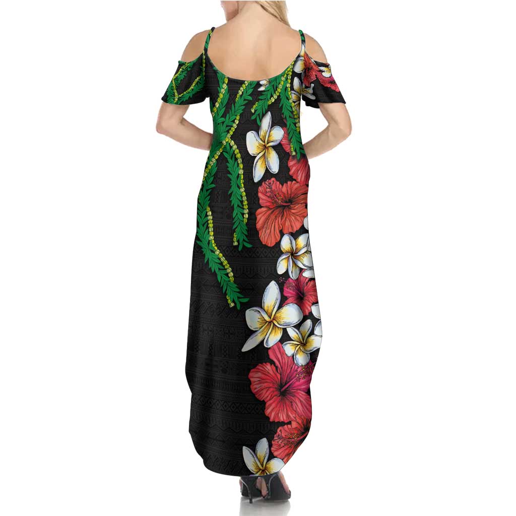Hawaiian Tropical Flowers and Maile Pikake Summer Maxi Dress Polynesian Tribal Pattern Black Color LT03 - Polynesian Pride