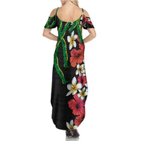 Hawaiian Tropical Flowers and Maile Pikake Summer Maxi Dress Polynesian Tribal Pattern Black Color LT03 - Polynesian Pride