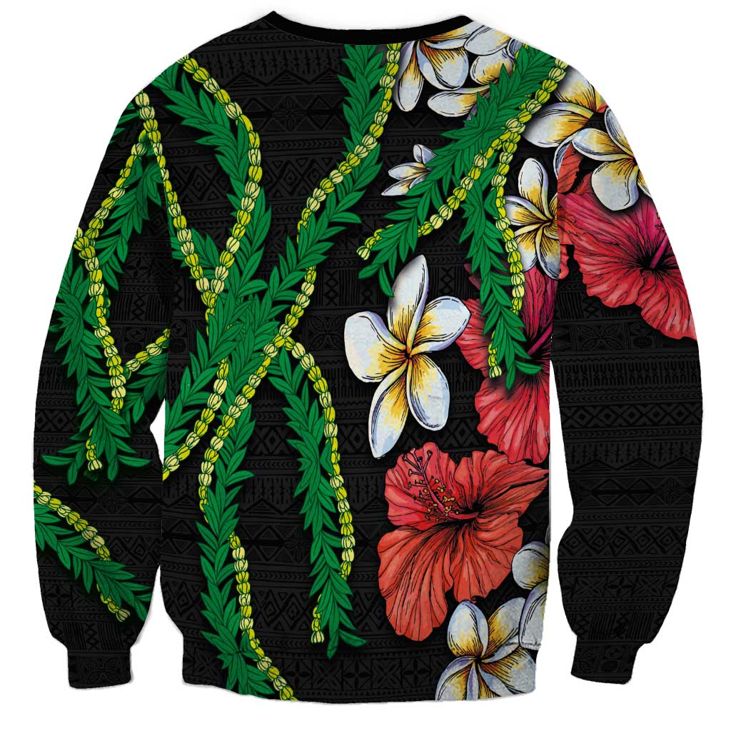 Hawaiian Tropical Flowers and Maile Pikake Sweatshirt Polynesian Tribal Pattern Black Color LT03 - Polynesian Pride