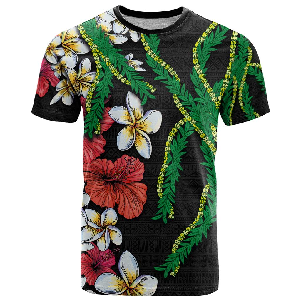 Hawaiian Tropical Flowers and Maile Pikake T Shirt Polynesian Tribal Pattern Black Color