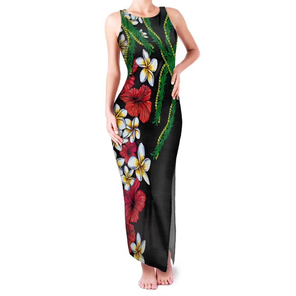 Hawaiian Tropical Flowers and Maile Pikake Tank Maxi Dress Polynesian Tribal Pattern Black Color LT03 Women Black - Polynesian Pride