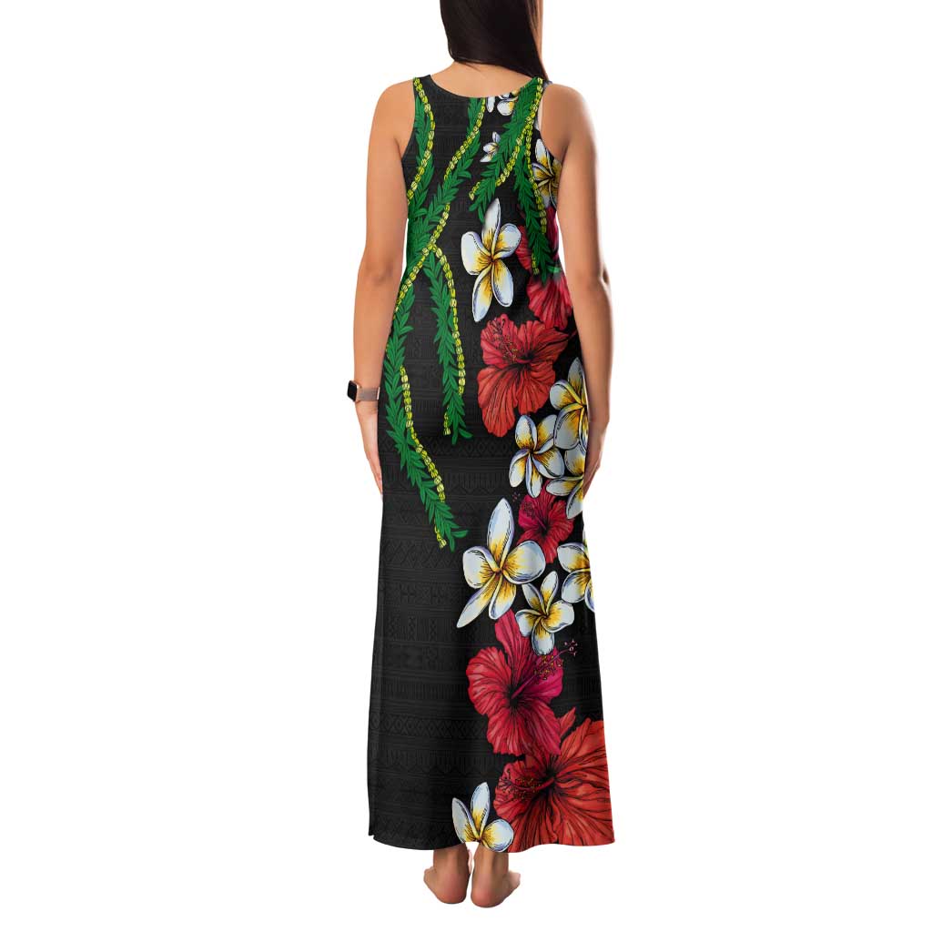 Hawaiian Tropical Flowers and Maile Pikake Tank Maxi Dress Polynesian Tribal Pattern Black Color LT03 - Polynesian Pride