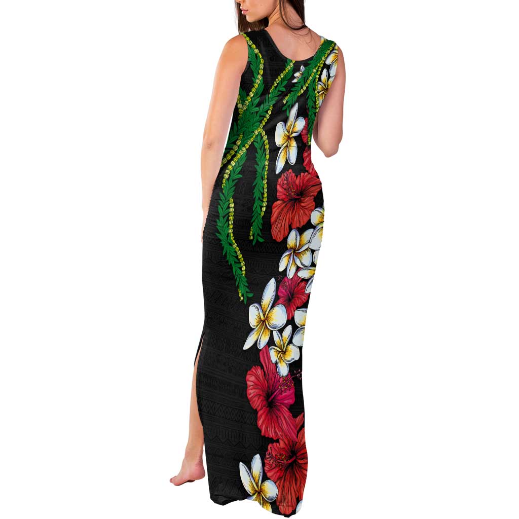Hawaiian Tropical Flowers and Maile Pikake Tank Maxi Dress Polynesian Tribal Pattern Black Color LT03 - Polynesian Pride