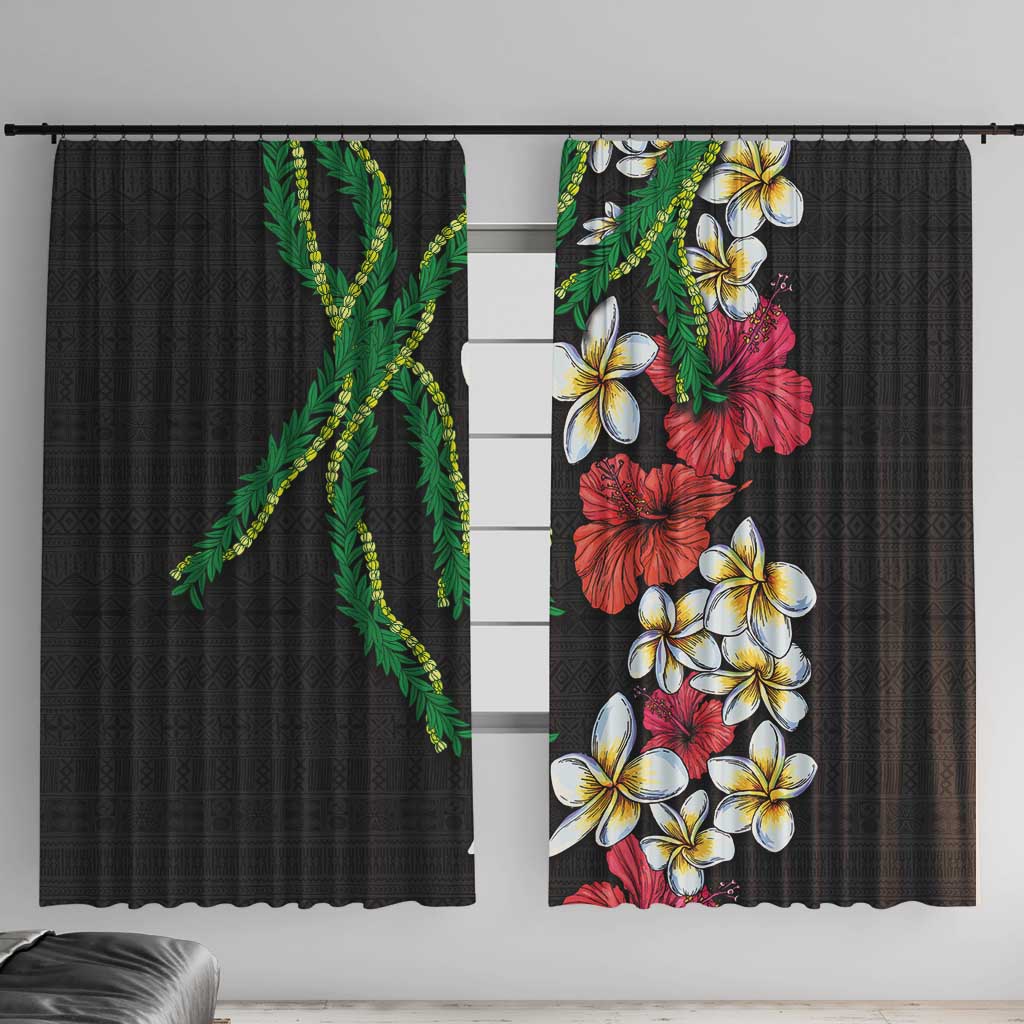 Hawaiian Tropical Flowers and Maile Pikake Window Curtain Polynesian Tribal Pattern Black Color LT03 With Hooks Black - Polynesian Pride