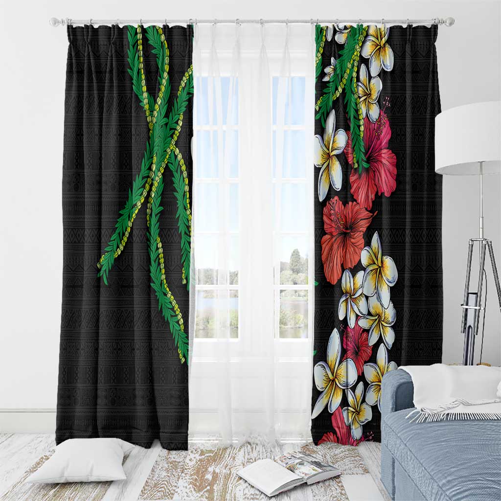Hawaiian Tropical Flowers and Maile Pikake Window Curtain Polynesian Tribal Pattern Black Color LT03 - Polynesian Pride