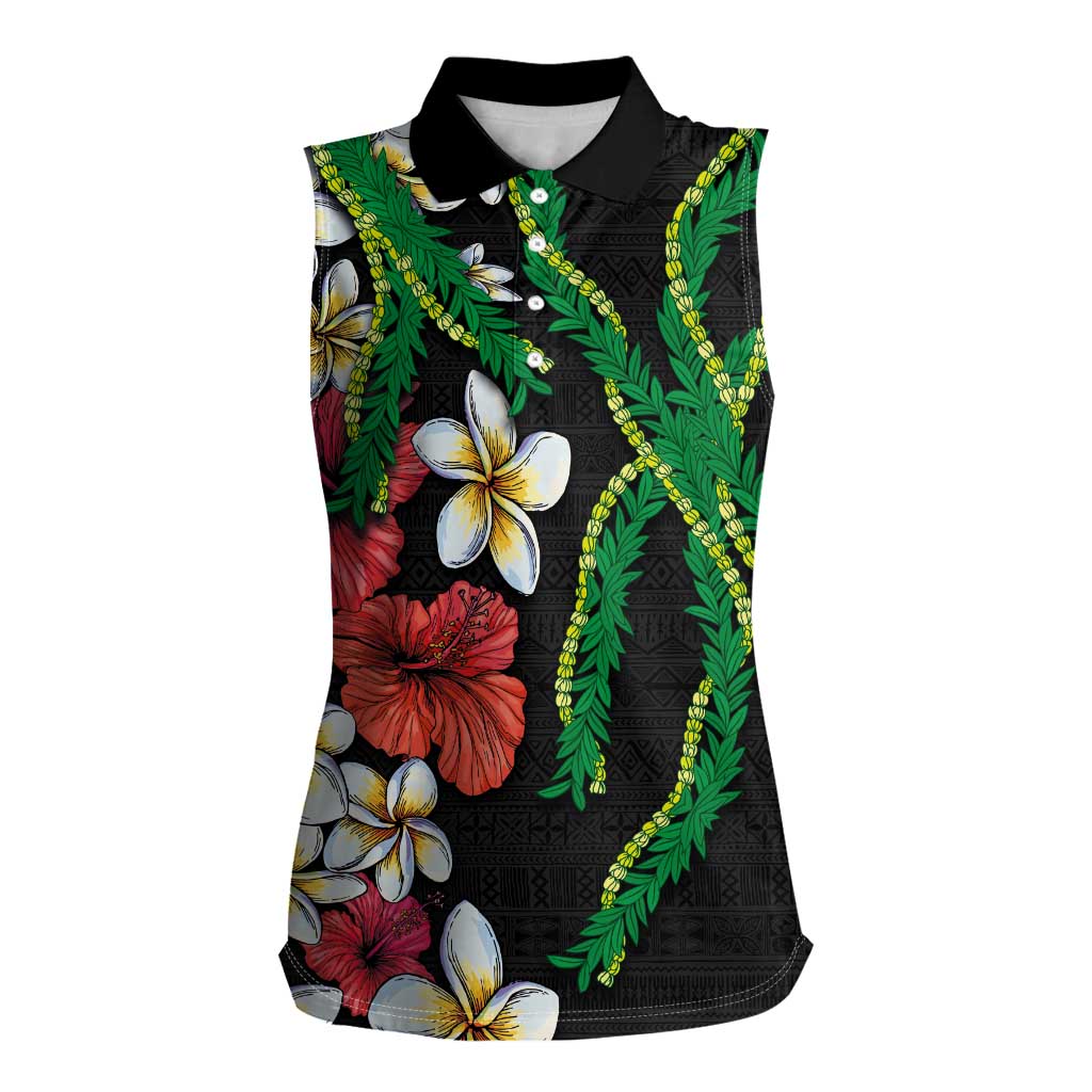 Hawaiian Tropical Flowers and Maile Pikake Women Sleeveless Polo Shirt Polynesian Tribal Pattern Black Color