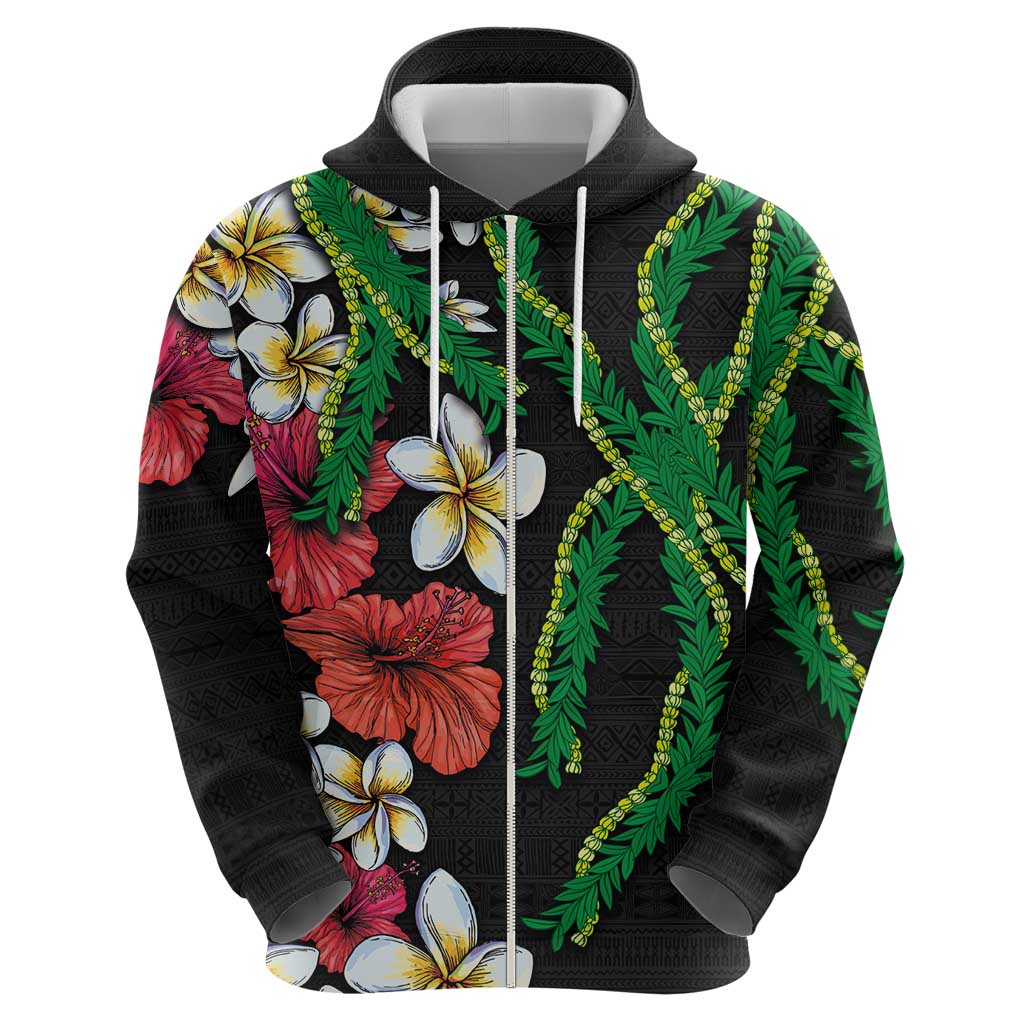 Hawaiian Tropical Flowers and Maile Pikake Zip Hoodie Polynesian Tribal Pattern Black Color