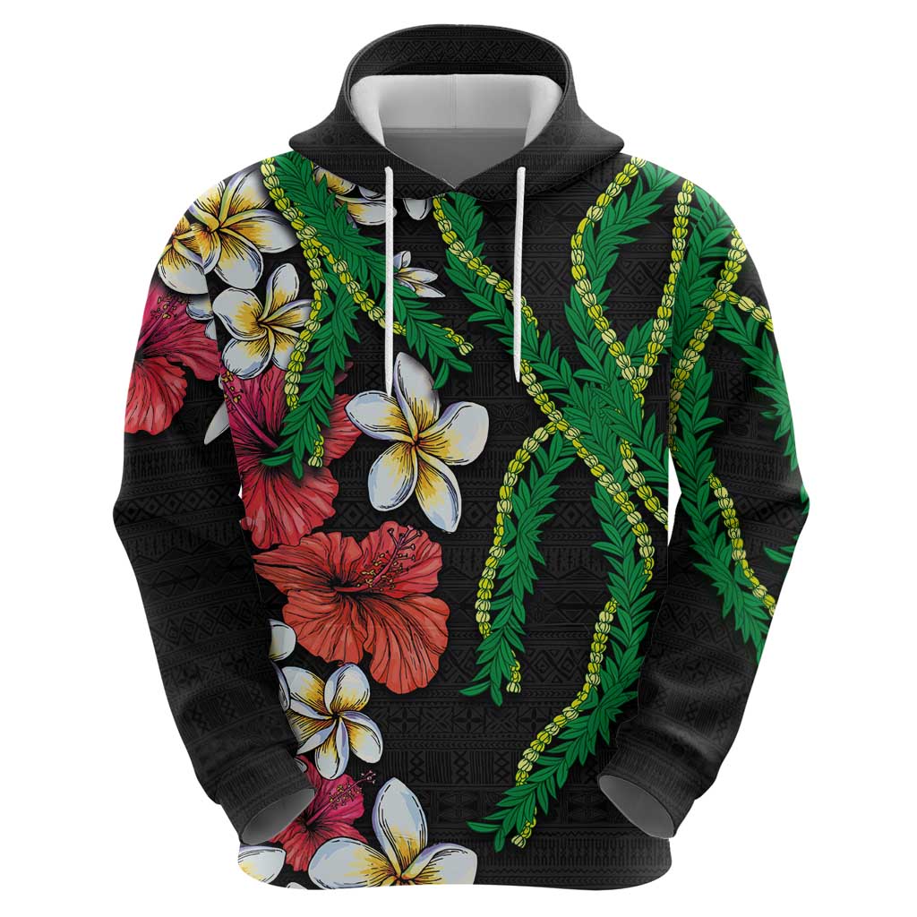 Hawaiian Tropical Flowers and Maile Pikake Zip Hoodie Polynesian Tribal Pattern Black Color
