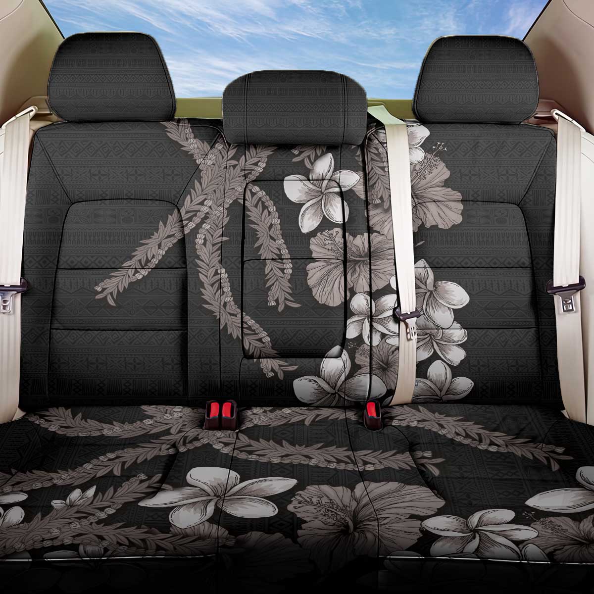 Hawaiian Tropical Flowers and Maile Pikake Back Car Seat Cover Polynesian Tribal Pattern Grayscale Mode