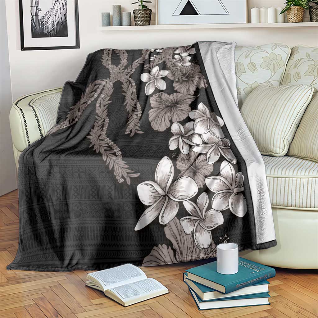Hawaiian Tropical Flowers and Maile Pikake Blanket Polynesian Tribal Pattern Grayscale Mode LT03 Black - Polynesian Pride