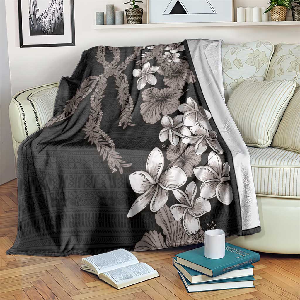 Hawaiian Tropical Flowers and Maile Pikake Blanket Polynesian Tribal Pattern Grayscale Mode