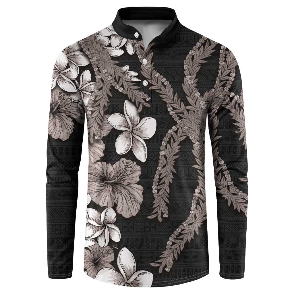 Hawaiian Tropical Flowers and Maile Pikake Button Sweatshirt Polynesian Tribal Pattern Grayscale Mode