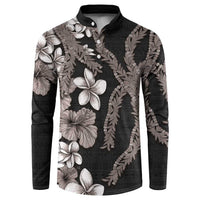 Hawaiian Tropical Flowers and Maile Pikake Button Sweatshirt Polynesian Tribal Pattern Grayscale Mode LT03 Black - Polynesian Pride