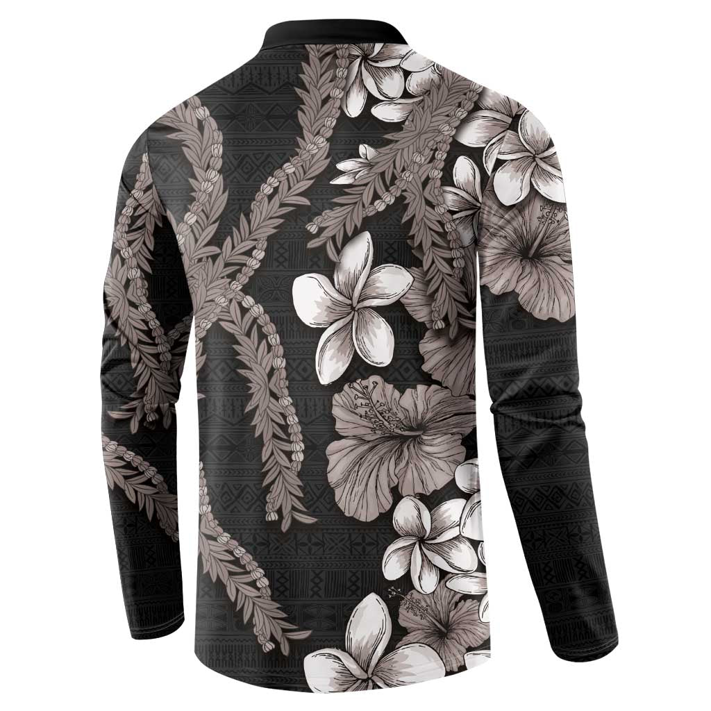 Hawaiian Tropical Flowers and Maile Pikake Button Sweatshirt Polynesian Tribal Pattern Grayscale Mode LT03 - Polynesian Pride