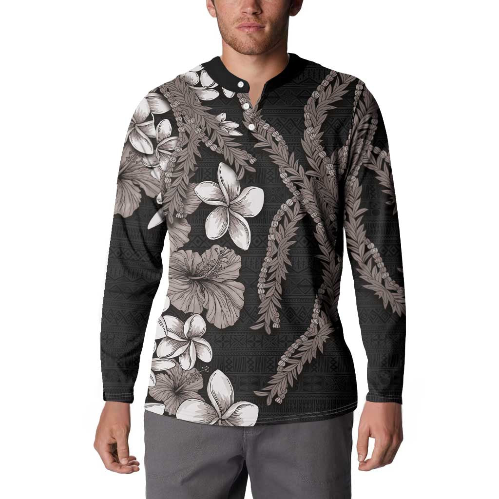 Hawaiian Tropical Flowers and Maile Pikake Button Sweatshirt Polynesian Tribal Pattern Grayscale Mode LT03 - Polynesian Pride
