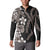 Hawaiian Tropical Flowers and Maile Pikake Button Sweatshirt Polynesian Tribal Pattern Grayscale Mode