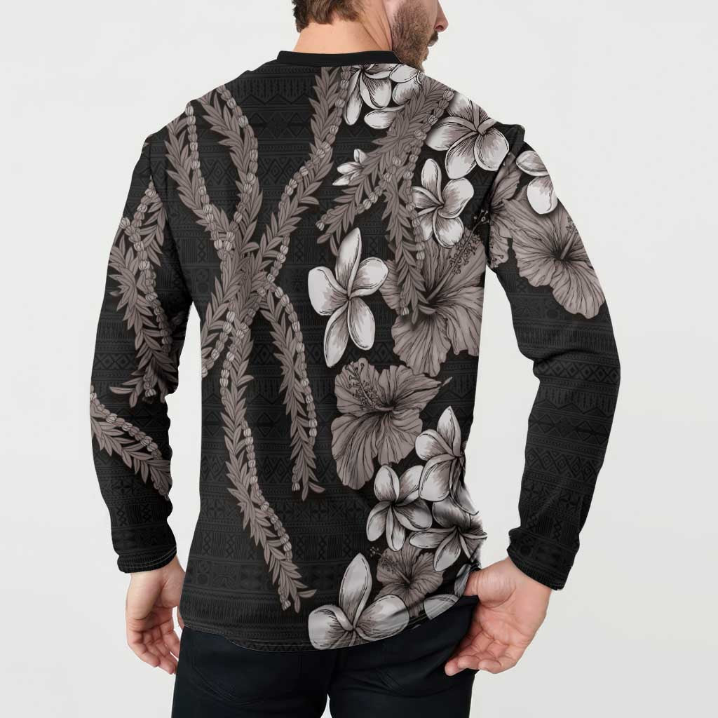 Hawaiian Tropical Flowers and Maile Pikake Button Sweatshirt Polynesian Tribal Pattern Grayscale Mode LT03 - Polynesian Pride