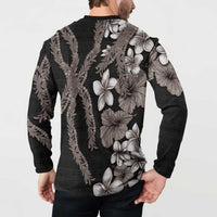 Hawaiian Tropical Flowers and Maile Pikake Button Sweatshirt Polynesian Tribal Pattern Grayscale Mode LT03 - Polynesian Pride