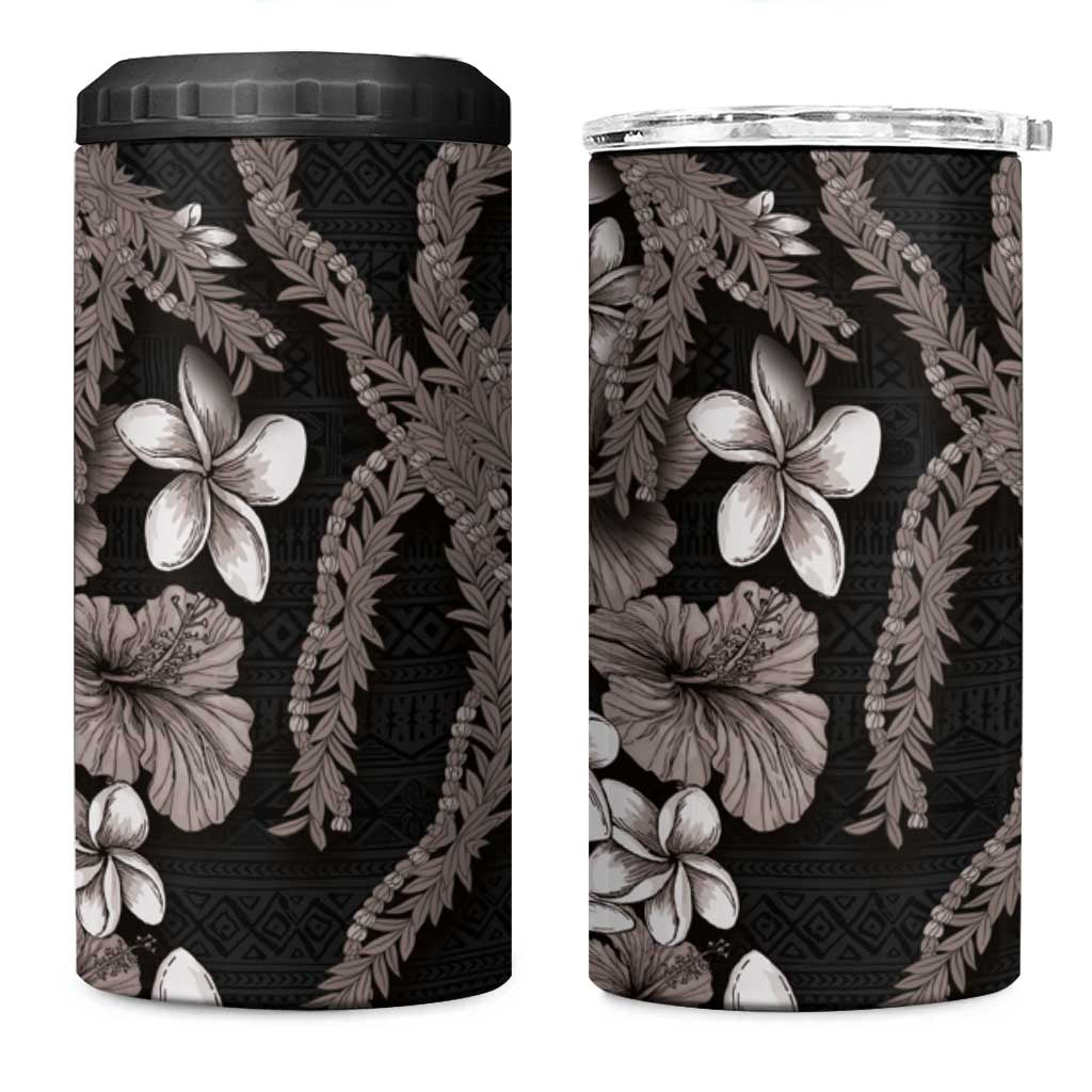 Hawaiian Tropical Flowers and Maile Pikake 4 in 1 Can Cooler Tumbler Polynesian Tribal Pattern Grayscale Mode