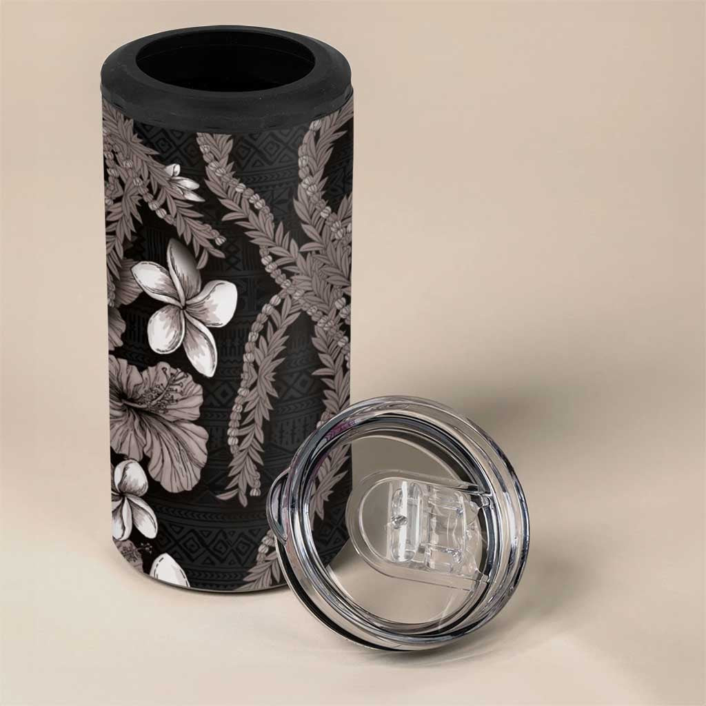 Hawaiian Tropical Flowers and Maile Pikake 4 in 1 Can Cooler Tumbler Polynesian Tribal Pattern Grayscale Mode