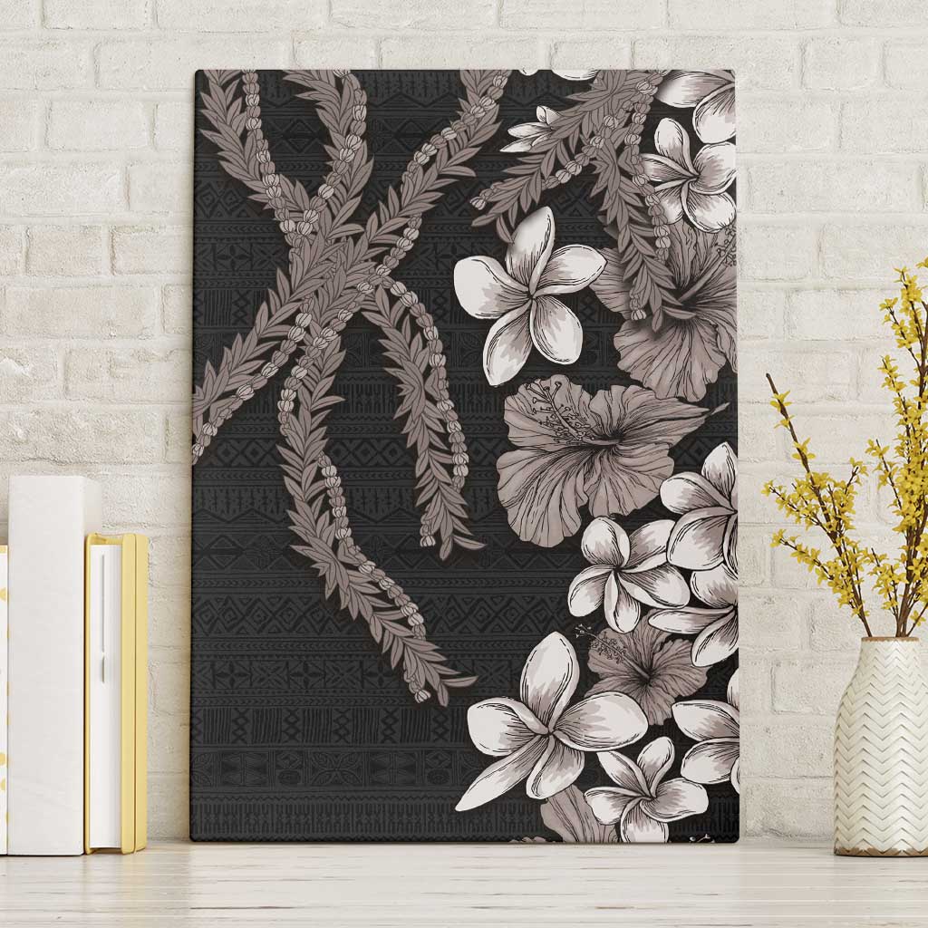 Hawaiian Tropical Flowers and Maile Pikake Canvas Wall Art Polynesian Tribal Pattern Grayscale Mode LT03 Without Frame Black - Polynesian Pride