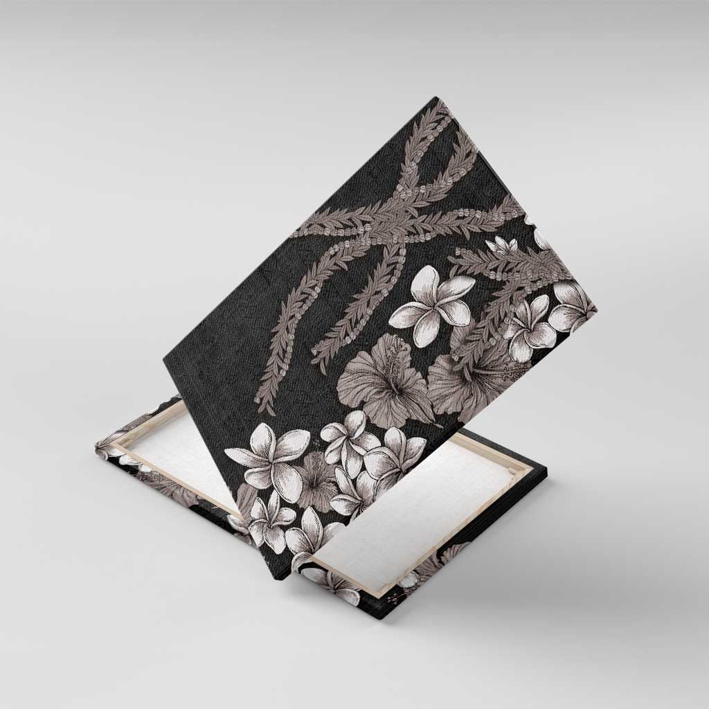 Hawaiian Tropical Flowers and Maile Pikake Canvas Wall Art Polynesian Tribal Pattern Grayscale Mode LT03 With Frame Black - Polynesian Pride