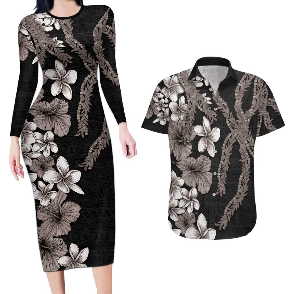 Hawaiian Tropical Flowers and Maile Pikake Couples Matching Long Sleeve Bodycon Dress and Hawaiian Shirt Polynesian Tribal Pattern Grayscale Mode