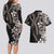 Hawaiian Tropical Flowers and Maile Pikake Couples Matching Long Sleeve Bodycon Dress and Hawaiian Shirt Polynesian Tribal Pattern Grayscale Mode