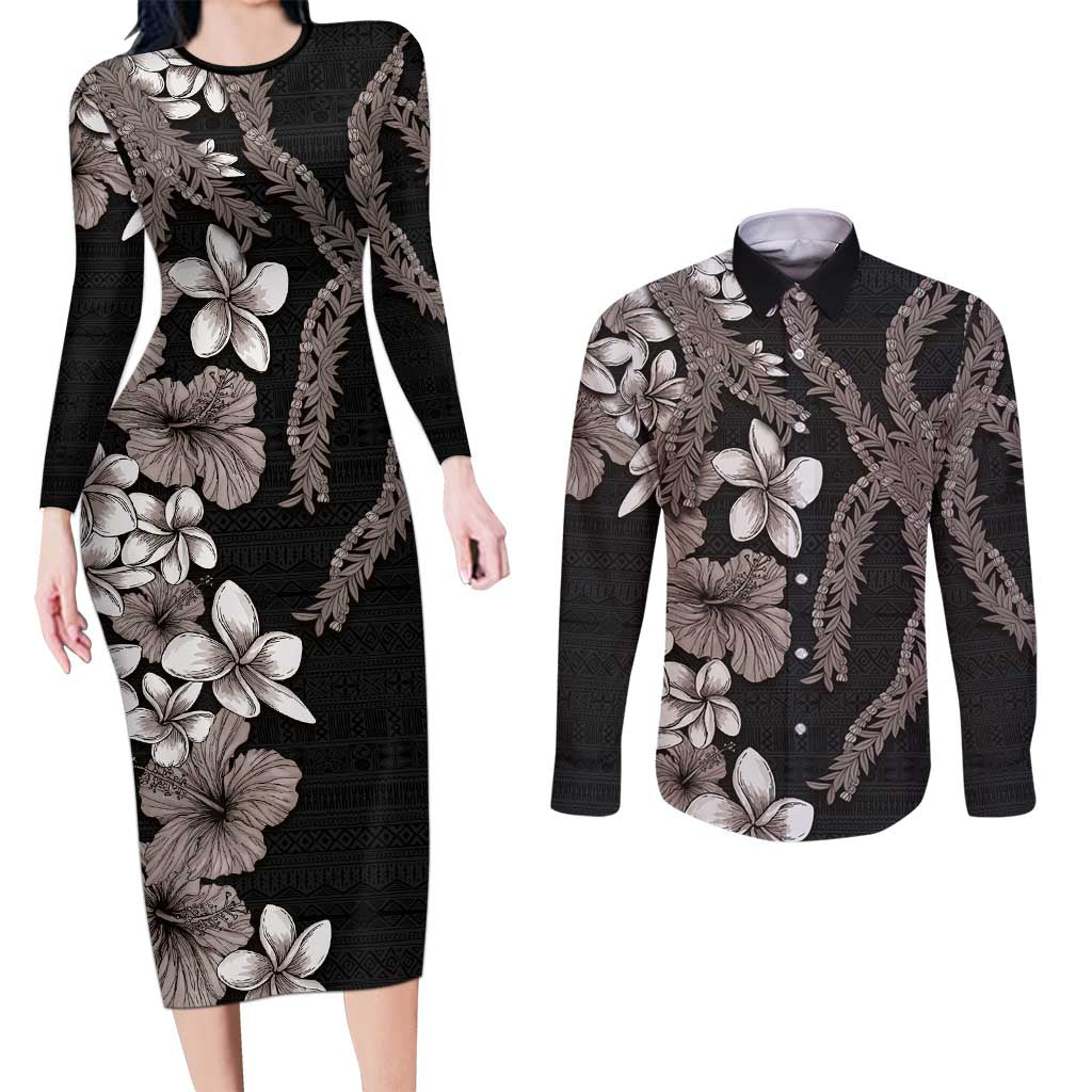 Hawaiian Tropical Flowers and Maile Pikake Couples Matching Long Sleeve Bodycon Dress and Long Sleeve Button Shirt Polynesian Tribal Pattern Grayscale Mode LT03 Black - Polynesian Pride