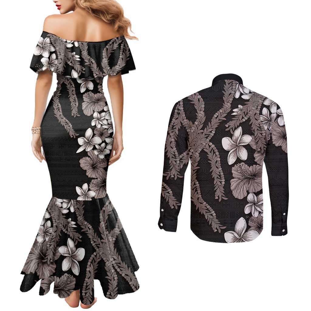 Hawaiian Tropical Flowers and Maile Pikake Couples Matching Mermaid Dress and Long Sleeve Button Shirt Polynesian Tribal Pattern Grayscale Mode LT03 - Polynesian Pride