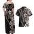 Hawaiian Tropical Flowers and Maile Pikake Couples Matching Off Shoulder Maxi Dress and Hawaiian Shirt Polynesian Tribal Pattern Grayscale Mode