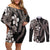 Hawaiian Tropical Flowers and Maile Pikake Couples Matching Off Shoulder Short Dress and Long Sleeve Button Shirt Polynesian Tribal Pattern Grayscale Mode LT03