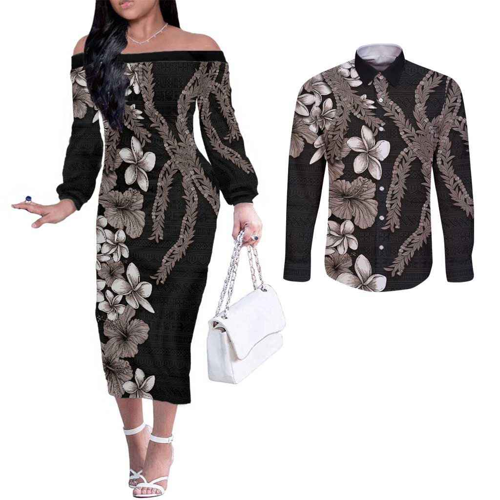 Hawaiian Tropical Flowers and Maile Pikake Couples Matching Off The Shoulder Long Sleeve Dress and Long Sleeve Button Shirt Polynesian Tribal Pattern Grayscale Mode LT03 Black - Polynesian Pride