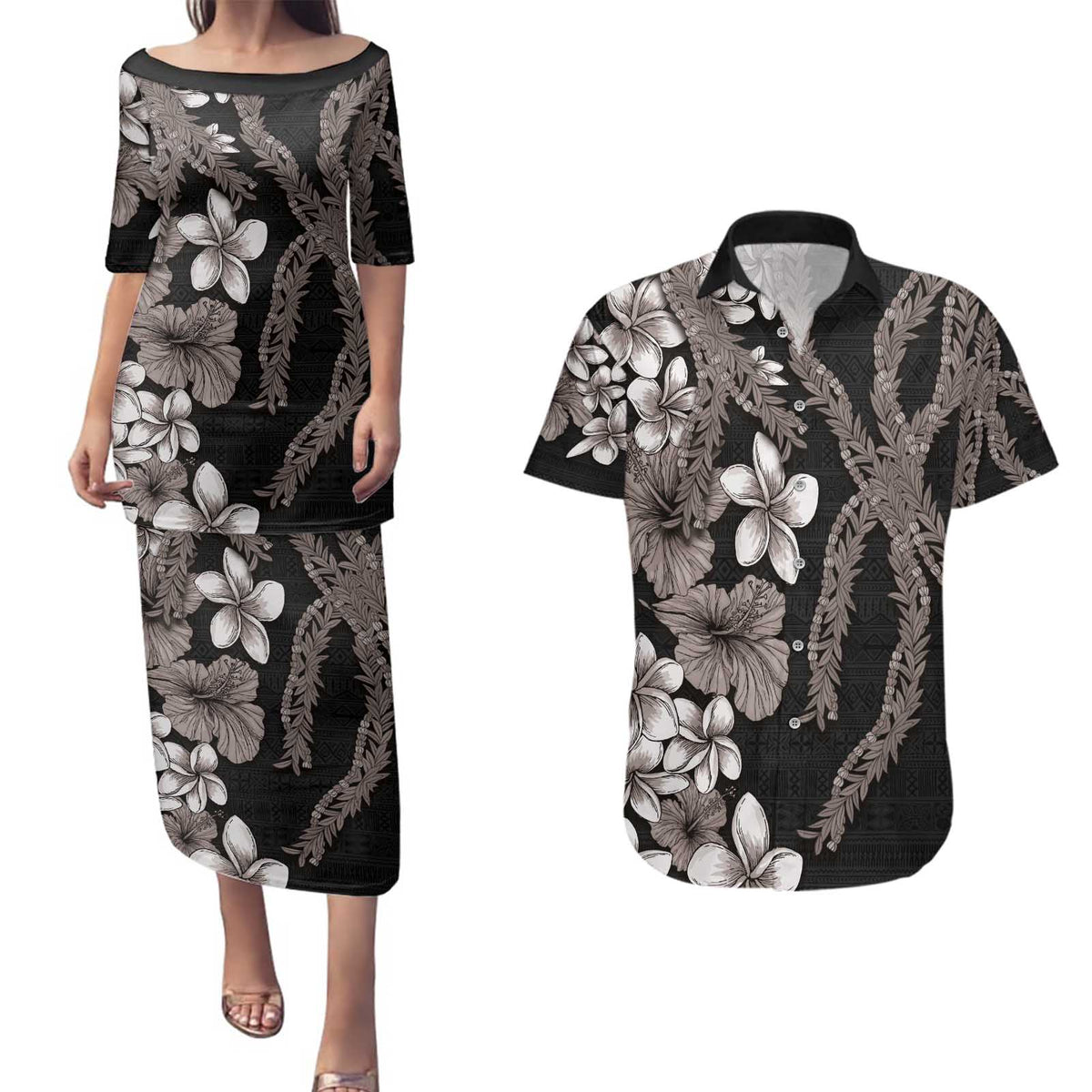 Hawaiian Tropical Flowers and Maile Pikake Couples Matching Puletasi and Hawaiian Shirt Polynesian Tribal Pattern Grayscale Mode LT03 Black - Polynesian Pride