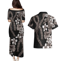 Hawaiian Tropical Flowers and Maile Pikake Couples Matching Puletasi and Hawaiian Shirt Polynesian Tribal Pattern Grayscale Mode LT03 - Polynesian Pride