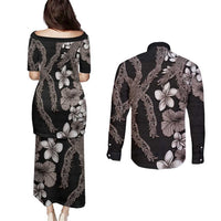 Hawaiian Tropical Flowers and Maile Pikake Couples Matching Puletasi and Long Sleeve Button Shirt Polynesian Tribal Pattern Grayscale Mode LT03 - Polynesian Pride
