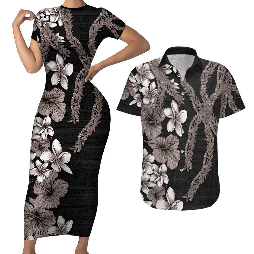 Hawaiian Tropical Flowers and Maile Pikake Couples Matching Short Sleeve Bodycon Dress and Hawaiian Shirt Polynesian Tribal Pattern Grayscale Mode LT03 Black - Polynesian Pride